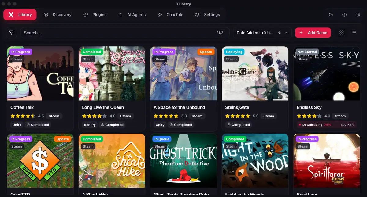 La bibliothèque XLibrary en vue grille : onglets Bibliothèque, Découverte, Plugins, Agents IA, CharTale et Paramètres, un champ de recherche, le tri, un bouton Ajouter un jeu et des fiches de jeux avec statut, source, note, moteur et progression du téléchargement.